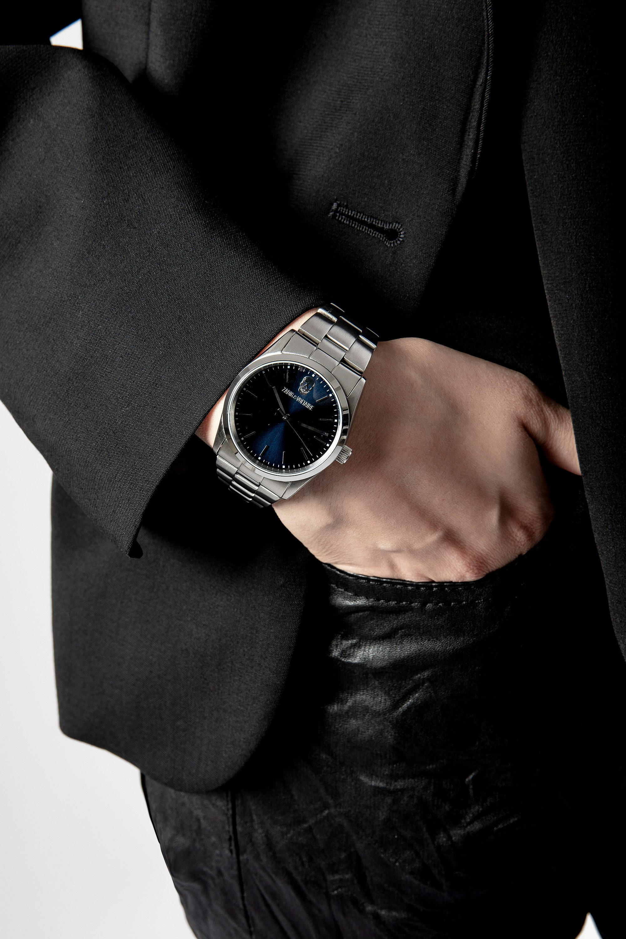 Zadig Blue Dial Watch - Stainless steel watch with navy blue skull pattern dial.